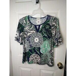 Emi & Joe Short Ruffle Sleeve V Neck Art To Wear Blouse. Size S